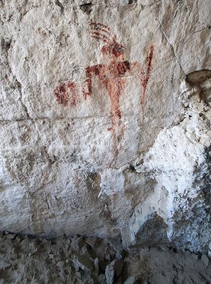 This pictogram in a small cave in northern Utah was painted by the Fremont culture and dates between 1000 AD to 1400 AD.
It is red hematite paint on a white cave wall and depicts a warrior with spear and shield.
It is on private property.
I took this photo in November of 2020.