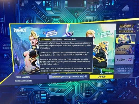 Auto-generated description: A gaming interface displays an experimental shader compilation mode with a futuristic design and character illustrations, set against an electronic background.