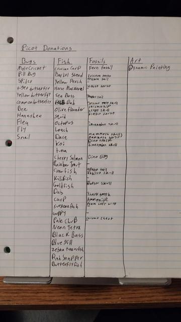 Page from a spiral notebook. At the top of the label "Picot Donations". Under that are four columns: Bugs, Fish, Fossils, Art. The big column reaches about halfway down, with one listing per line. The fish column if the longest, reaching nearly the bottom of the page. The fossil column reaches about two third of the way down, but most of the entries are written small to fit on half a line, and there are also gaps left so that partial fossils can be grouped together. The art column only has a single entry.