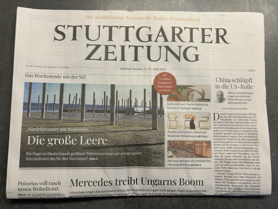 Titel der Stuttgarter Zeitung vom 12. April 2025 über „Die große Leere“ am Bodensee, also über die klimabedingte Wasserkrise.