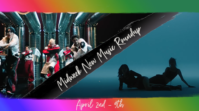 A split screen in a slightly grunge/distressed frame (top and bottom bars only) in the hues of a diagonal (upper left to lower right tilt) rainbow gradient with a black slash diagonally (bottom left to upper right tilt) across the middle with the text of Midweek New Music Roundup running up the divider. To the left, half of Korean boy group zikers, dressed in red and black racing leathers (various), mid-dance with knees bent and arms crossed and held out from their chests, in front of a giant set of racer engine pipes. To the right/below the slash, the darkened forms of two Korean women (Moon Sua and Siyoon of Billlie) in artful lounges on the floor, turned to look at each other, in a room tinted dark teal-grey. Bottom text reads April 2nd - 9th.