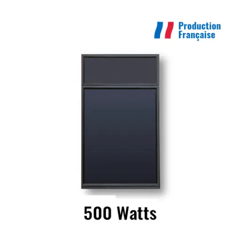 Photo de face du produit SunAero. De couleur noire. Un panneau solaire thermique avec une cellule photovoltaïque dans la partie supérieure.
Production française, produit de 500 W