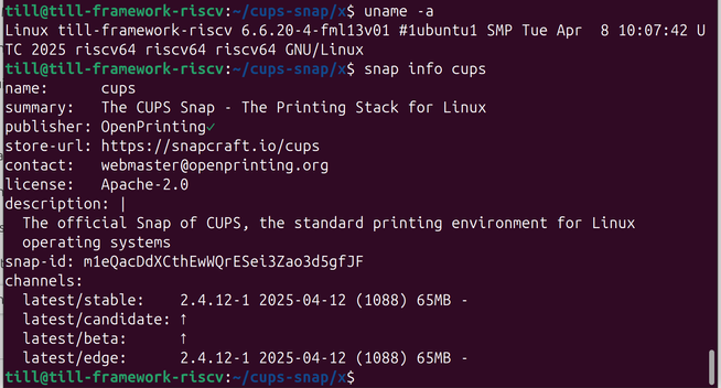 Screenshot of terminal window, with command "uname -a" showing that we are running on the RISC-V architecture and command "snap info cups" showning that we have the CUPS Snap for this system available in the Snap Store