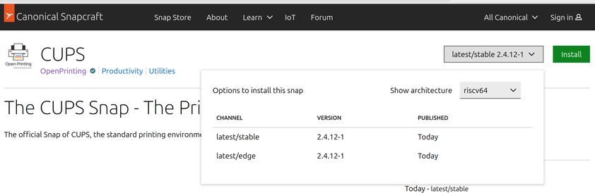 Screenshot of Snap Store listing of the CUPS Snap, with release window open, showing availability for RISC-V.