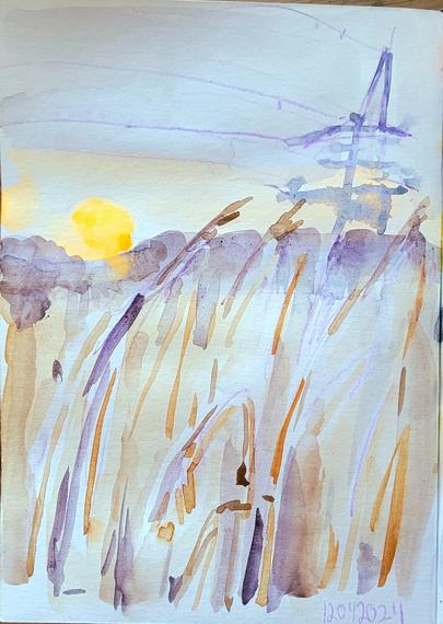 Aquarellskizze: Blick über ein kleines Schilfgebiet, rechts dahinter ein Hochspannungsmast,  links geht gerade die Sonne als orange Kugel auf