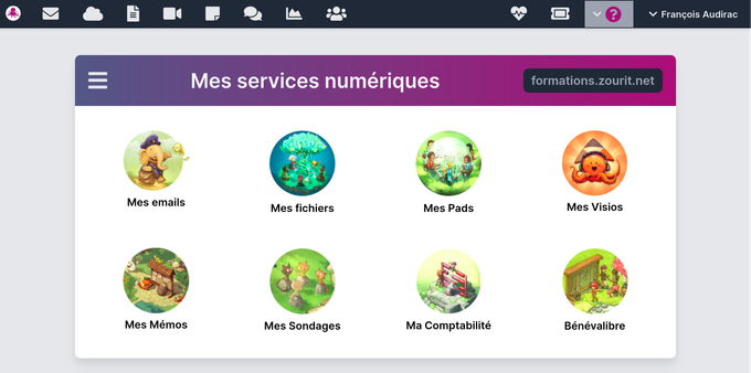 Présentation d'une page d'accueil de Zourit avec des vignettes pour chaque service, utilisant des dessins libres de David Revoy.