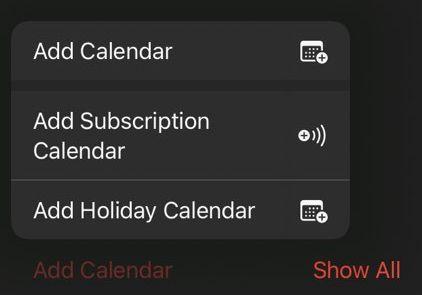 iPadOS Calendar app: Screenshot showing "Add Calendar" and "Add Subscription Calendar".