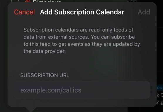 iPadOS Calendar app: Screenshot showing "Add Subscription Calendar" must be read-only. The word CalDAV is not anywhere to be seen (as though to try to erase the very word "CalDAV" from the common parlance), but a CalDAV URL can indeed be used. The implication here is that a remote CalDAV calendar can't be accessed read-write.