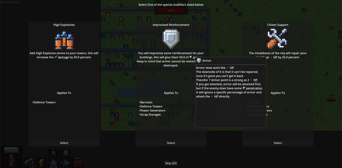 Screenshot of my game Shatterpoint showing the special modifier selection screen.

There are there are three updates selectable with there name, description and where it is getting applied.

Inside of the description texts are some terms underlined, if clicked on those another window will show with more information.