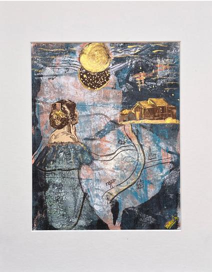 Collage and monoprint on ricepaper, made by mixed media artist Françoise Vaal, depicting a female finding her home on the horizon
 under a golden moon.