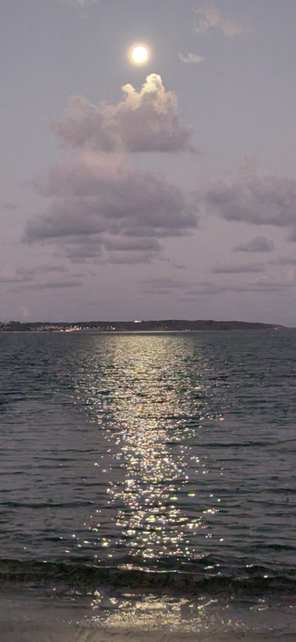 A full moon rising over botany bay with its shine reflected on the water