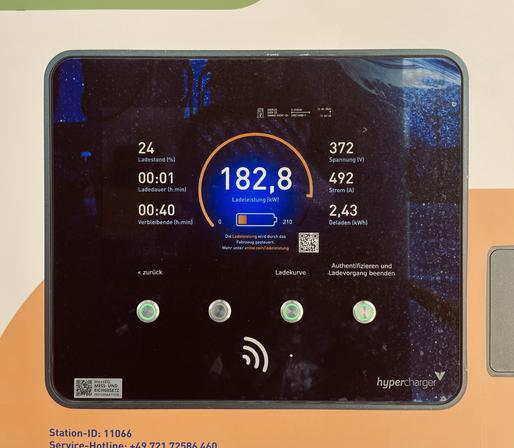 The image displays an electric vehicle charging station interface, indicating various metrics: 24% charge level, 1 minute of charging duration, 40 minutes remaining, 182.8 kW charging power, 372 volts, 492 amps
