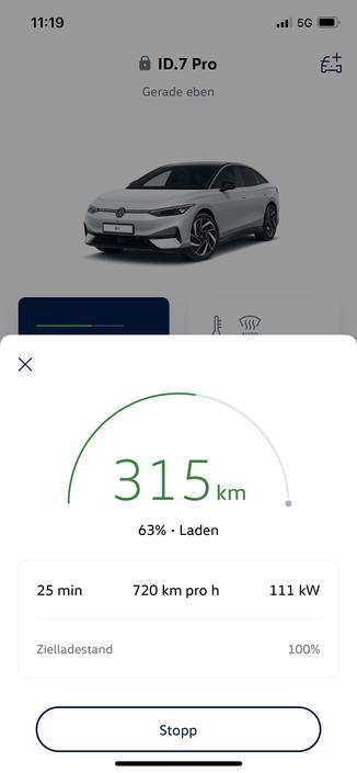 An app interface shows a white Volkswagen ID.7 Pro electric car. It displays charging status: 63% charged, with an estimated range of 315 km. Additional details include a charging rate of 111 kW and a remaining time of 25 minutes