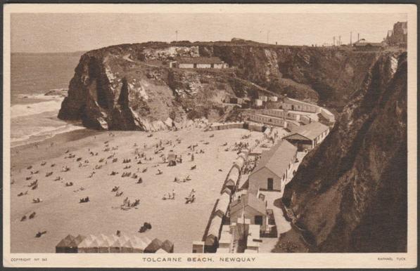 Printed sepia postcard showing a view of Tolcarne Beach at Newquay in Cornwall.

Published by Raphael Tuck & Sons Ltd, No NY 262, c.1940s.

Postally unused.

Good condition, with slight corner bumps.