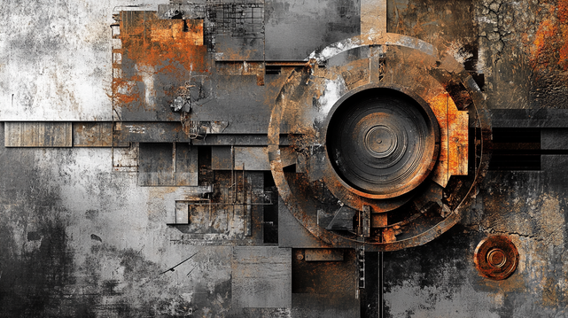 Relique Industrielle.
Peinture abstraite aux textures industrielles et formes mécaniques rouillées sur fond de composition géométrique.
Abstract painting with industrial textures and rusted mechanical forms over a geometric composition.