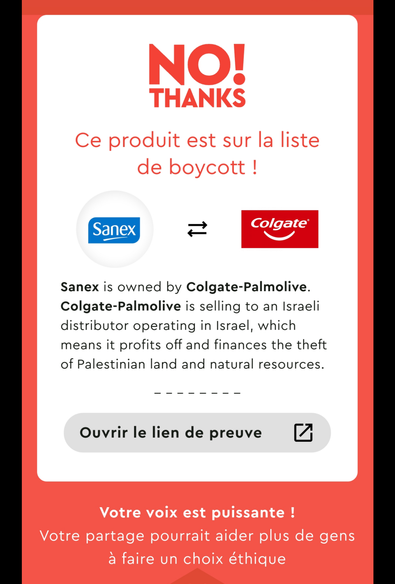 Message d'alerte sur fond rouge, après avoir scanné un produit Sanex.