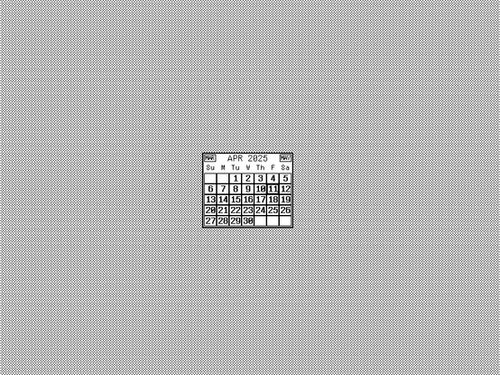 Screenshot of a portion of the black and white desktop of a 1980s graphical workstation environment. The desktop has a gray background pattern and one window with a white background and a title bar with white text on a black background. The window is a date picker dialog box and shows a calendar of April, 2025.