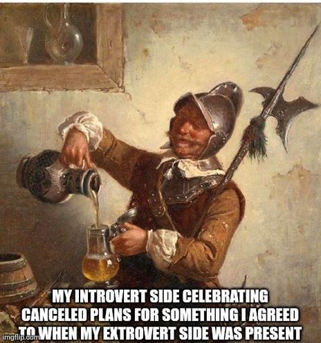 MY INTROVERT SIDE CELEBRATING CANCELED PLANS FOR SOMETHING I AGREED inglif. WHEN MY EXTROVERT SIDE WAS PRESENTđź––