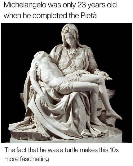 Michelangelo was only 23 years old when he completed the Pieta.
The fact that he was a turtle makes it 10 x more fascinating.