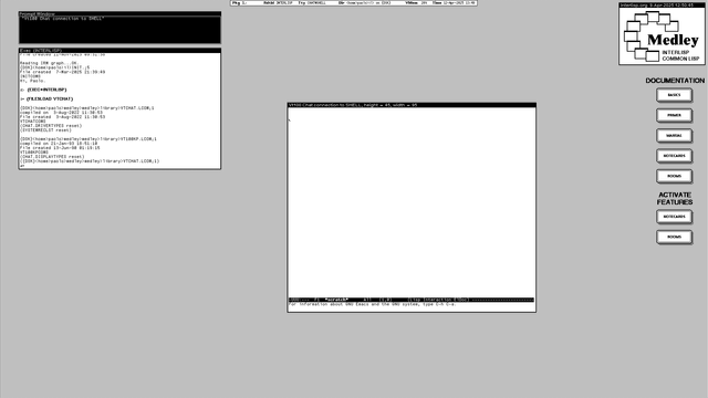 Screenshot of the black and white desktop of a 1980s graphical Lisp workstation environment. The desktop has a gray background pattern and some windows with a white background and a title bar with white text on a black background. The main window is a terminal emulator showing the GNU Emacs editor.