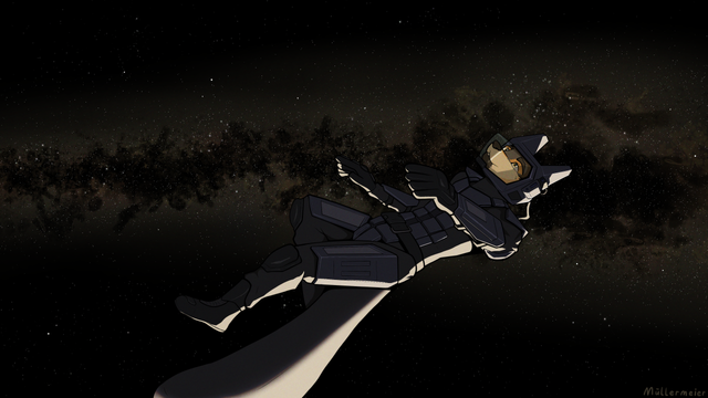 digital drawing of a furry in a futuristic space suit floating calmly through space