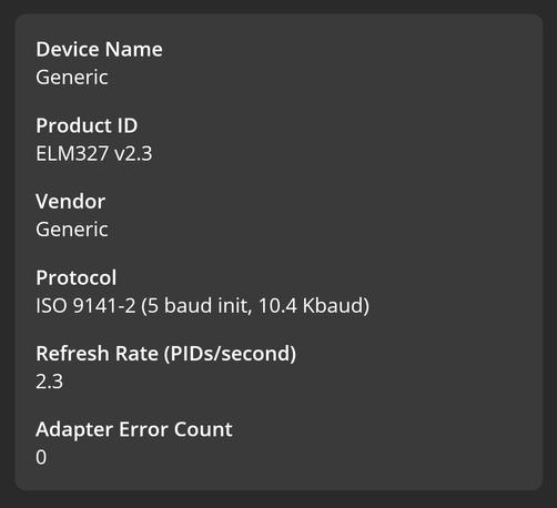 OBDFusion app detected WiCAN Pro as Generic device, running as ELM327 v2.3 with ISO 9141-2 (5 baud init, 10.4 Kbaud) protocol at 2.3 PIDs/second refresh rate
