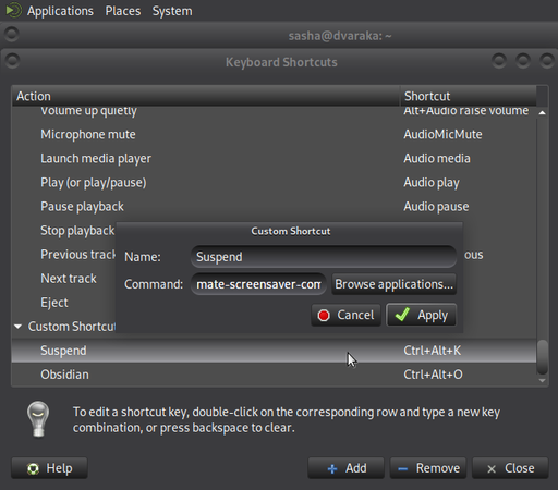 hotkey to block Mate screensaver on suspend with treminal command