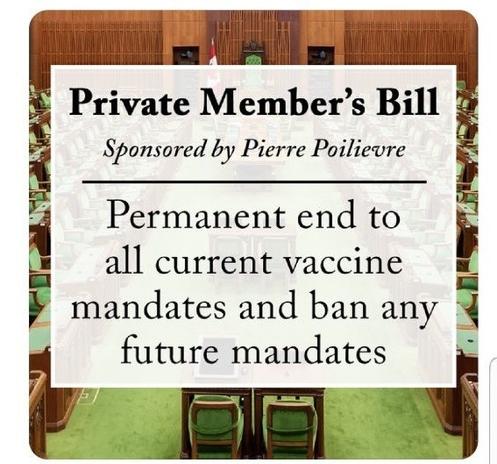 Private members bill sponsored by Pierre Poilievre
Permanent end to al current vaccine mandates and ban any future mandates.

June 3, 2022