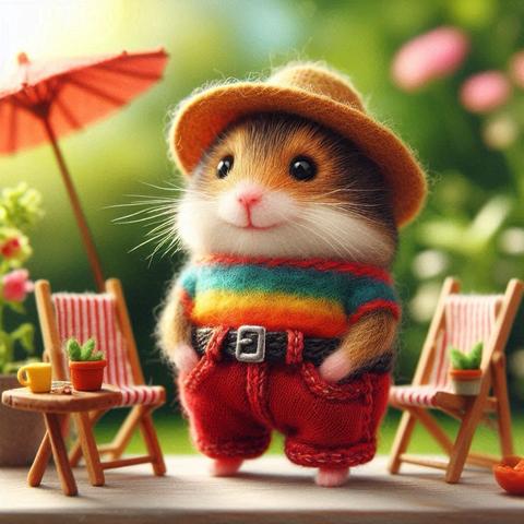 KI-Bild (DALL•E3):

Holly hat sich umgezogen: Regenbogen-Pulli und rote Jeans zum Sonnenhut, so steht der kleine Hamster im Garten und wartet auf seine Mausfreundin. Liegestühle, Sonnenschirmchen und Beistelltischchen, alles bereit für den Gartennachmittag!