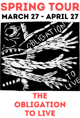 The Spring Tour poster for the Bread and Puppet Theater.  It is a black background with white hands reaching out.