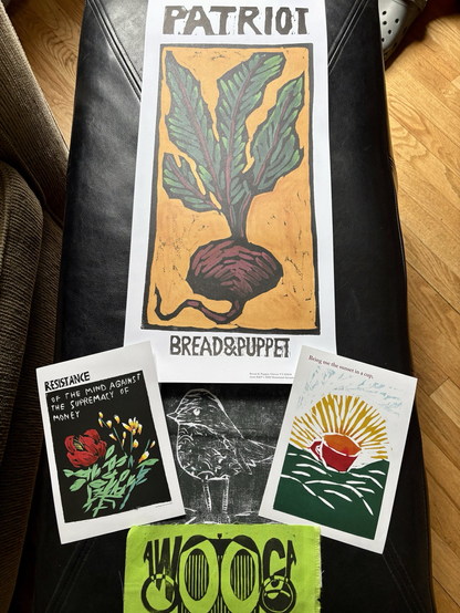 Some art from the show.  A poster of a beet titled "PATRIOT" and several postcards and fabric fun.  AWOOGA!