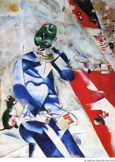 A rather akimbo and abstract composition in this painting, even for Chagall. The subject, presumably the poet in the title, has a green head that is upside down. There is an akimbo bottle, so perhaps drink is the situation. A tuxedo cat sits next to the man.