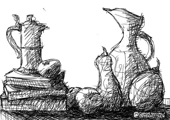 Digital art (Krita), black on white

Sketch of an espresso can standing on 3 books, fruits and vegetables, 2 pumpkin-like vegetables in front of a vase
