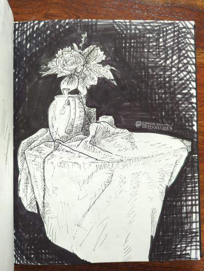 Black Fineliner on paper (pencil sketch shining through a bit) 

Still life, a porcelain teapot and a bouquet of flowers stand on a round table on which a large cloth is thrown untidily, creating many folds