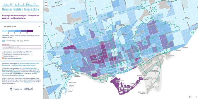 screenshot of a map of neighbourhoods in central Toronto showing % of trips made by bicycle