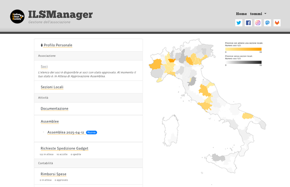 Screenshot from ILS Manager. On the left, various information about membership and pages, on the right, the map of Italy.