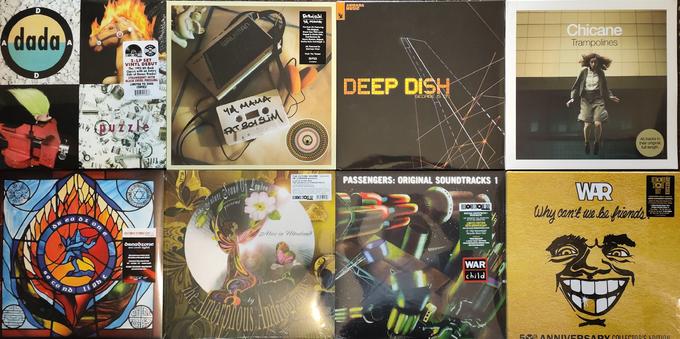 Dada - Puzzle, Fatboy Slim - Yo Mama, Deep Dish - George Is on, Chicane - Trampolines, Dreadzone - Second Light, Future Sound Of London - Alice In Ultraland, Passengers - Original Soundtracks 1, War - Why Can't We Be Friends vinyl covers