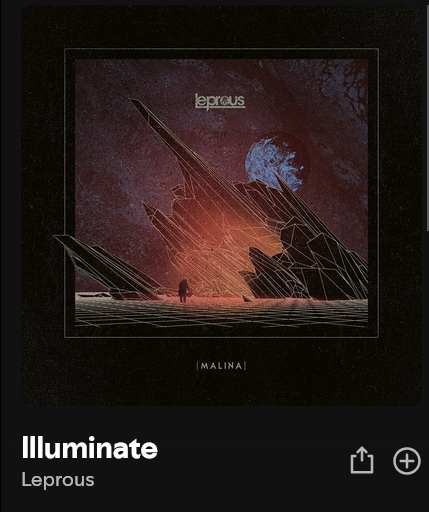 The image is an album cover for the music album "Illuminate" by the band Leprous. The cover features a dark, space-themed background with a reddish hue, suggesting a celestial or otherworldly setting. In the center, there is a large, jagged crystal formation with sharp edges, illuminated by a reddish light, creating a striking contrast against the dark background. A small figure, possibly a person, is seen in the foreground, standing on a grid-like surface, adding a sense of scale and solitude. Above the crystal formation, a large, blue celestial body, resembling a moon or planet, is visible, enhancing the cosmic atmosphere. The text "leprosus" is displayed at the top, and "[MALINA]" is written below the crystal formation. The album title "Illuminate" and the band name "Leprous" are prominently displayed at the bottom of the cover in white text against a black background.