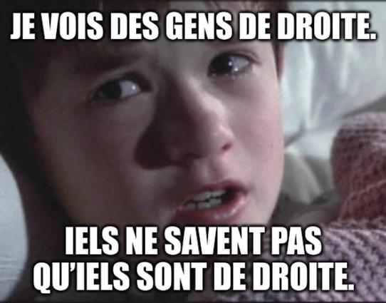 Mème : l’enfant dans « Sixième sens », qui dit :

Je vois des gens de droite.
Iels ne savent pas qu’iels sont de droite.