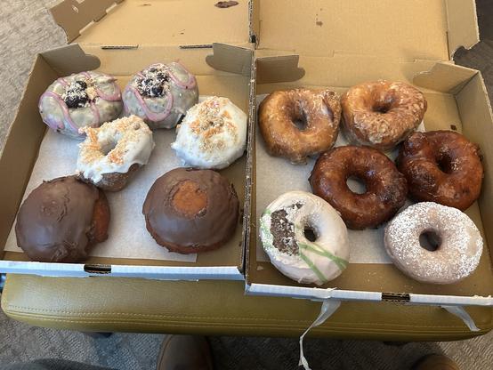 A box of assorted donuts, featuring various flavors and toppings. The left side includes chocolate-covered and glazed donuts, while the right side showcases frosted and cake-style options, some garnished with sprinkles.
