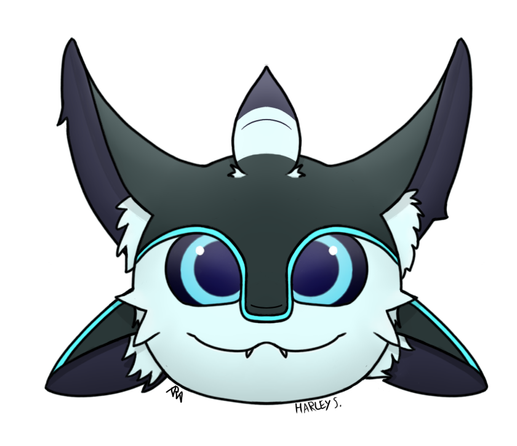 A drawing of an Avali looking at the screen. Their eyes are cyan with a purple hind in the back, their feathers are grayish and their skin is blue-ish