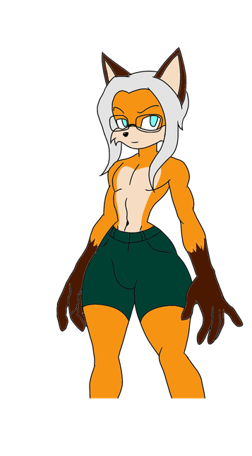 Paul Reverrudd, an orange fox with cyan eyes, white hair, feminine-looking body figure and wearing dark green shorts and rectangular glasses