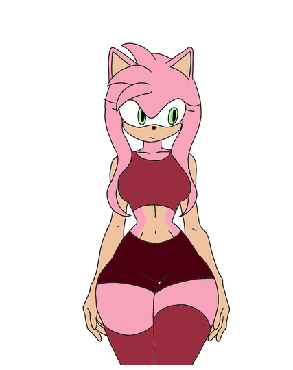 My take on Amy Rose, with long hair, wearing dark red shorts and matching color thigh highs and crop top