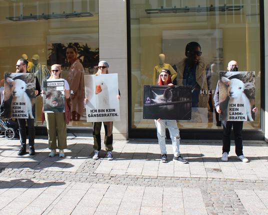 fünf Aktivis halten in der Einkaufsstraße von Münster Plakate mit Bilder von Tieren und Sprüchen darauf, zum Beispiel ein Bild von einer Gans mit dem Spruch "Ich bin kein Gänsebraten"