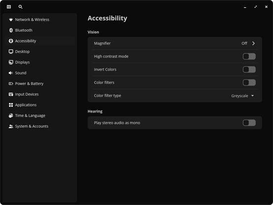COSMIC Settings application showing the accessibility page, there are several options for vision and one for hearing.