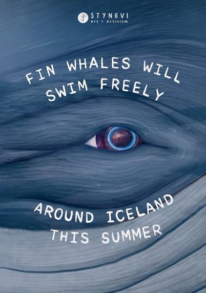 Delicate drawing of the eye of a whale in blue and purple tones 

Fin whales will swim freely 
around Iceland this summer 

by Styngvi 
art | activism