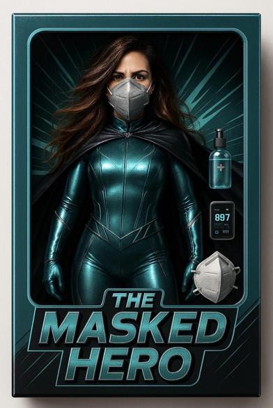 An action figure of MeetJess. The masked hero 
She’s wearing a green jumpsuit and cape with a grey respirator 
Her accessories are hand sanitizer, a co2 reader and an extra respirator