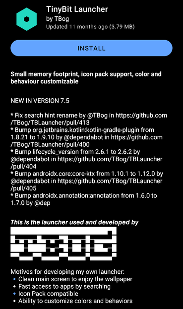 Screenshot of F-Droid android listing for this app: https://f-droid.org/packages/rocks.tbog.tblauncher/

Reduced to four colors in GIMP by picking #FFFFFF, #000000 and two prominent blue colors from the original screenshot.