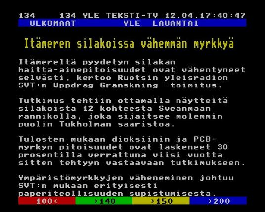 Yle Teksti-TV | Sivu 134.1

   ULKOMAAT        YLE  LAUANTAI
 
  Itämeren silakoissa vähemmän myrkkyä
 
 Itämereltä pyydetyn silakan
 haitta-ainepitoisuudet ovat vähentyneet
 selvästi, kertoo Ruotsin yleisradion
 SVT:n Uppdrag Granskning -toimitus.
 
 Tutkimus tehtiin ottamalla näytteitä
 silakoista 12 kohteesta Sveanmaan
 rannikolla, joka sijaitsee molemmin
 puolin Tukholman saaristoa.
 
 Tulosten mukaan dioksiinin ja PCB-
 myrkyn pitoisuudet ovat laskeneet 30
 prosentilla verrattuna viisi vuotta
 sitten tehtyyn vastaavaan tutkimukseen.
 
 Ympäristömyrkkyjen väheneminen johtuu
 SVT:n mukaan erityisesti
 paperiteollisuuden supistumisesta.