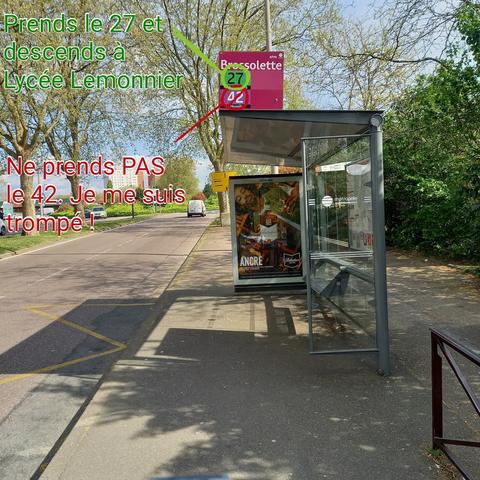 Abribus ensoleillé avec bonnes indications en vert et numéro de bus à ne pas prendre barré de rouge
